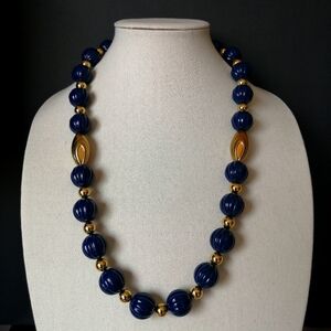 Vintage Lucite Navy Blue Fluted Glossy Beads Goldtone Spacer Beads Necklace